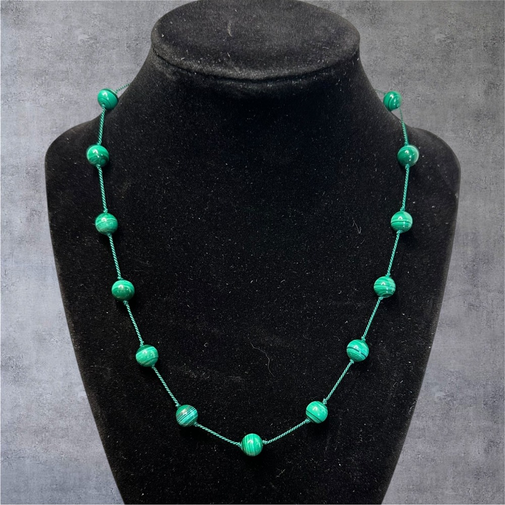 Genuine 18g Malachite Bead Necklace 18" Green Station Filigree Fishhook Clasp